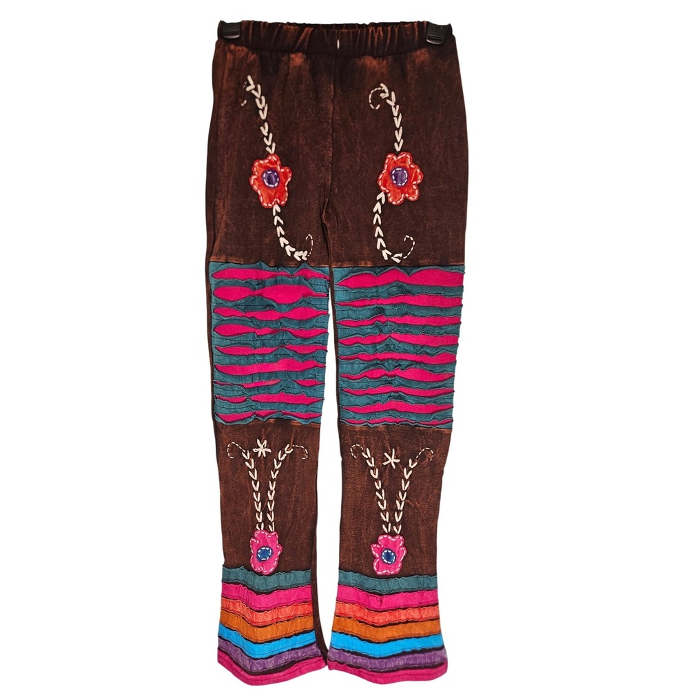 KPC Womens Boho Patchwork Embroidered Handmade Flared Pants Stonewashed Brown S